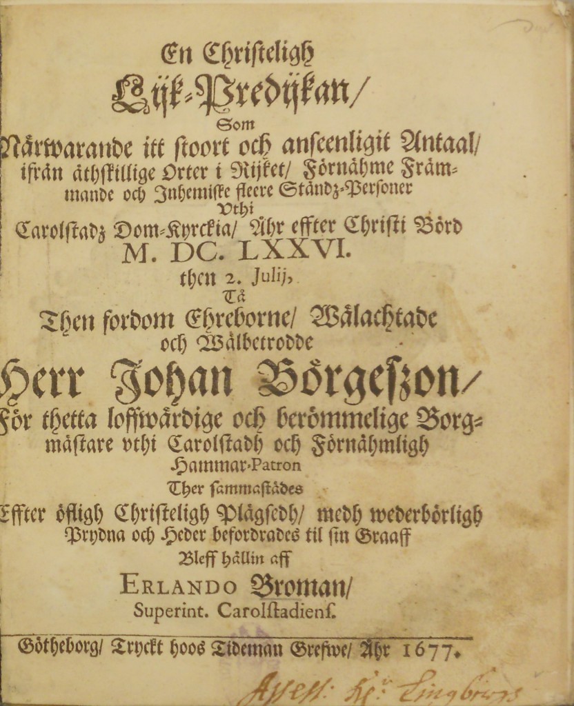 Likpredikan efter Johan Börjesson. Exemplar på Växjö Stadsbibliotek